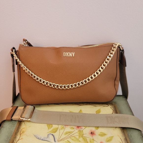 Dkny Handbags - DKNY Brown Vegan Leather  Crossbody with Coin Purse with DKNY Guitar Strap